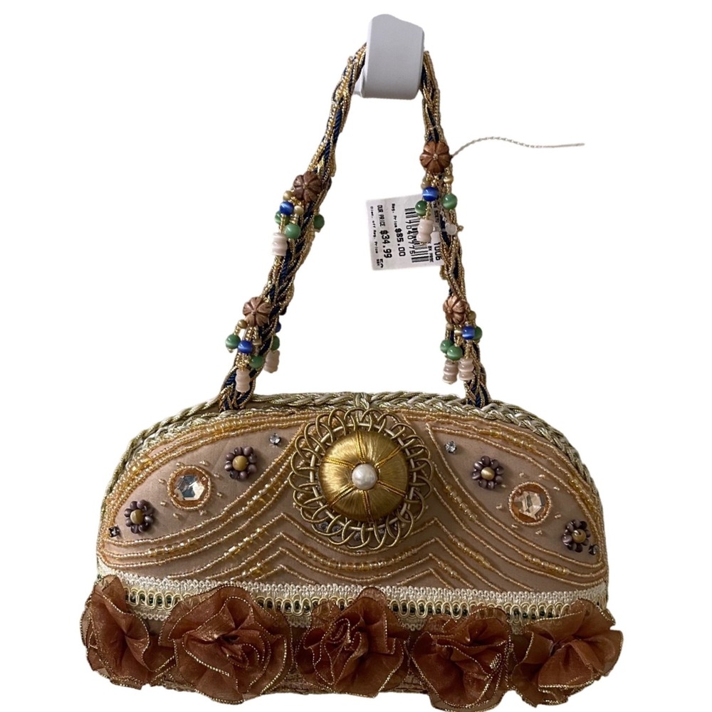 CEM NWT Beaded Evening Bag Purse Taupe Gold‎ Floral Embellished Clutch UNIQUE